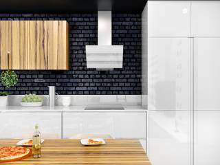 Czarne cegły, biel i drewno - oryginalne połączenie z okapem Divergo, GLOBALO MAX GLOBALO MAX Cocinas de estilo ecléctico