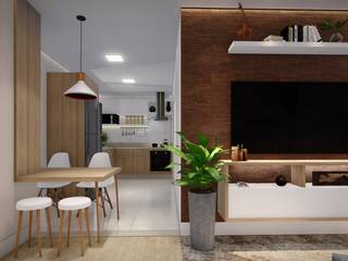 Sala Integrada com Cozinha , Studio MP Interiores Studio MP Interiores Modern Living Room Bricks Beige
