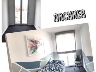 Gästezimmer mit geometrischer und bunter Wandbemalung - Lange, schmale Räume einrichten, KHG Raumdesign - Innenarchitektin in Berlin und Umland, mgr. ing. Architektur Katharina Hajduk-Gast KHG Raumdesign - Innenarchitektin in Berlin und Umland, mgr. ing. Architektur Katharina Hajduk-Gast