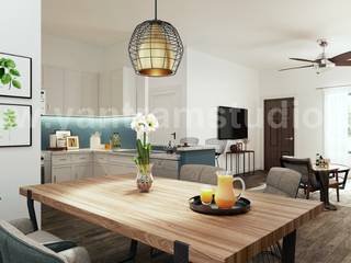 Creative Kitchens, Living room with dining area Interior Design Ideas by Architectural and Design Services, London – UK, Yantram Animation Studio Corporation Yantram Animation Studio Corporation مطابخ صغيرة