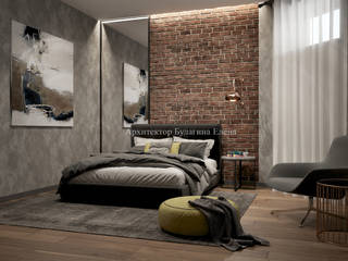 Интерьер спальни с ванной комнатой в стиле лофт, Архитектурное Бюро "Капитель" Архитектурное Бюро 'Капитель' Спальня Цегла