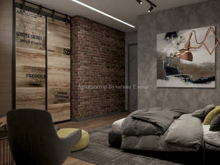 Интерьер спальни с ванной комнатой в стиле лофт, Архитектурное Бюро "Капитель" Архитектурное Бюро 'Капитель' غرفة نوم خشب Wood effect