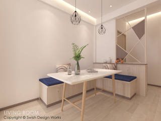 Dining area Swish Design Works Modern Dining Room Plywood dining,table,bench,pendant lights,covelight,living,white,blue
