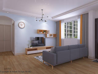 Living area Swish Design Works Living room Plywood living, TV console, sofa, shelves, designer light, vinyl, hdb