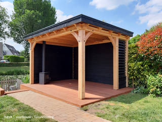 Douglas houten veranda met shutter, vlonder en buitenkachel., HAVA | Houtbouw HAVA | Houtbouw Garden Shed Wood Wood effect