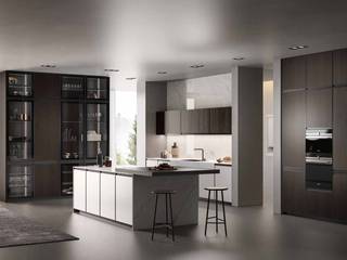 Zona giorno, cucina e living moderno con ante a telaio in alluminio titanio, Meka Arredamenti Meka Arredamenti Built-in kitchens