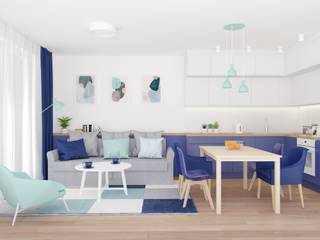 Salon z aneksem kuchennym, Anna Freier Architektura Wnętrz Anna Freier Architektura Wnętrz Modern Living Room Blue