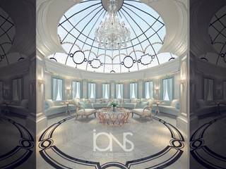 Home Interiors with Glamorous Skylight, IONS DESIGN IONS DESIGN Mediterranean style living room Iron/Steel White