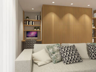 Home office na sala 411 - Design e Arquitectura de Interiores Modern Study Room and Home Office homeoffice, escritório, sala de estar, estante