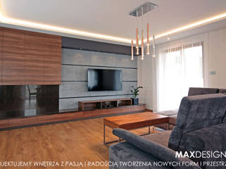 Drewno i beton w salonie, MAXDESIGNER MAXDESIGNER Endüstriyel Oturma Odası Granit