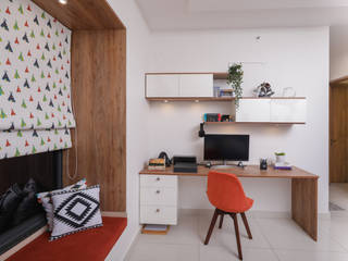 Study Space InDesign Story Modern study/office Property,Table,Furniture,Desk,Shelving,Wood,Interior design,Orange,Laptop,Computer desk