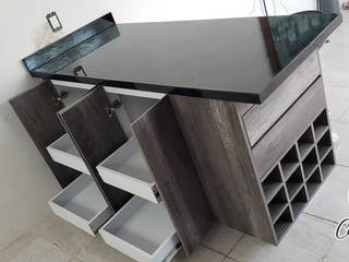 Cocina en escuadra con isla Lombardia y negro al alto brillo, Cocinas y Closets Design Studio Cocinas y Closets Design Studio Cocinas de estilo minimalista Tablero DM