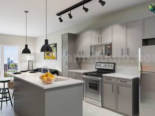 Apartment Community 3D Interior & Exterior Rendering by Yantram Architectural Design Studio, New York - USA, Yantram Animation Studio Corporation Yantram Animation Studio Corporation Kitchen Marble