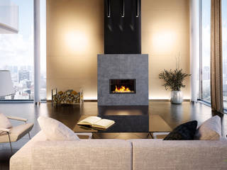 Modernes Kaminzimmer im Loft 3D Agentur Berlin Modern Living Room Kamin, New York, Loft, Octagon Fliesen,