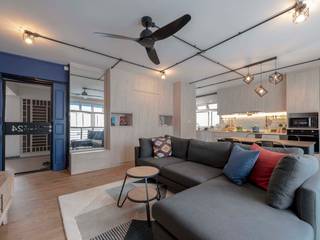 Blue Industrial Chic, Meter Square Pte Ltd Meter Square Pte Ltd Industrialny salon Drewno O efekcie drewna