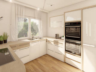 Moderne Küche mit Naturmaterialien, Binder 3D Rendering Binder 3D Rendering Kitchen Wood Wood effect