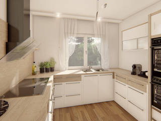 Moderne Küche mit Naturmaterialien, Binder 3D Rendering Binder 3D Rendering Dapur Klasik Kayu Wood effect