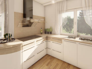 Moderne Küche mit Naturmaterialien, Binder 3D Rendering Binder 3D Rendering Dapur Klasik Kayu Wood effect