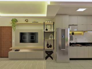Apartamento 50 m², Traço B Arquitetura Traço B Arquitetura Ruang Keluarga Modern Besi/Baja