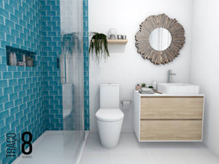Projeto de remodelação 3D, TRAÇO 8 INTERIORES TRAÇO 8 INTERIORES Mediterranean style bathrooms Wood Blue