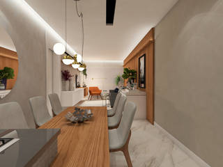 Projeto de Sala de Estar e Jantar para apartamento estreito, ZOMA Arquitetura ZOMA Arquitetura Ruang Makan Modern