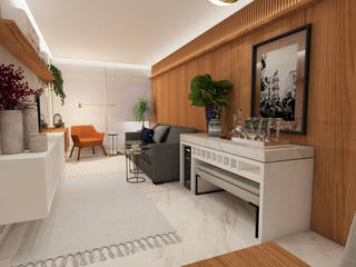 Projeto de Sala de Estar e Jantar para apartamento estreito, ZOMA Arquitetura ZOMA Arquitetura Ruang Keluarga Modern