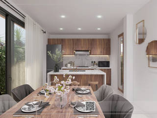 Proyecto M , Visualización 3D Visualización 3D ห้องครัวขนาดเล็ก ไม้ Wood effect
