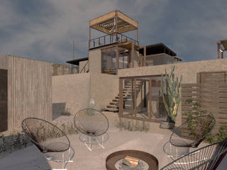 Eco-Hostal, Valle de Guadalupe , Oficina tres Oficina tres Minimalist balcony, veranda & terrace Wood Wood effect
