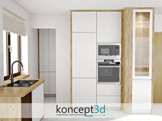 Projekt białej kuchni w drewnianej ramie, koncept3d koncept3d