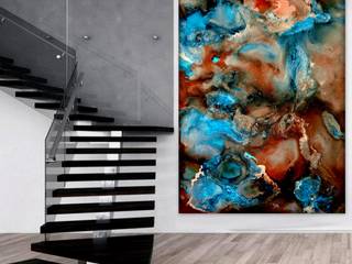 Large Abstract Canvas Artwork Fluid Art Painting , Alcohol ink Art, Wall Decor Canvas Blues and Copper Home Decor VESPERA by Holly Anderson Fine Art , Holly Anderson Fine Art Holly Anderson Fine Art Інші кімнати бавовна Червоний