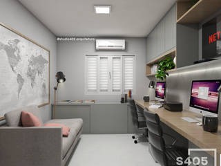 Home office Casal, STUDIO 405 - ARQUITETURA & INTERIORES STUDIO 405 - ARQUITETURA & INTERIORES ห้องทำงาน/อ่านหนังสือ ไม้ Wood effect