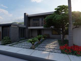 Diseño de Fachada y acceso, Dacsa Reynosa Dacsa Reynosa 二世帯住宅 コンクリート 緑