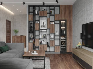 ЖК "Пресня Сити" 70 кв.м., Студия дизайна "INTSTYLE" Студия дизайна 'INTSTYLE' Industrial style living room Wood Wood effect