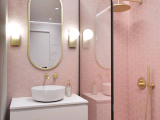 Projecto 3D de casa de banho em tons de rosa e apontamentos de ouro, Smile Bath S.A. Smile Bath S.A. Minimalist style bathroom Pink