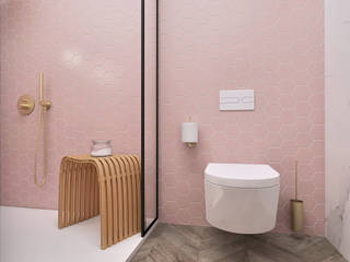 Projecto 3D de casa de banho em tons de rosa e apontamentos de ouro, Smile Bath S.A. Smile Bath S.A. Kamar Mandi Minimalis