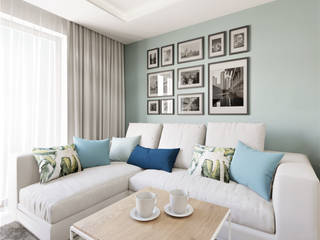 Salon z aneksem kuchennym, Wkwadrat Architekt Wnętrz Toruń Wkwadrat Architekt Wnętrz Toruń Modern Living Room Wood Blue