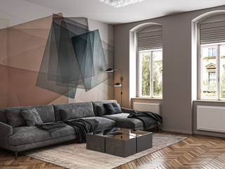 Wohnzimmer mit offener Küche in einer Altbauwohnung, GRIFFEL 3D DESIGN GRIFFEL 3D DESIGN Modern Living Room