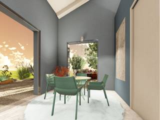 Un living avio e verde smeraldo, Teresa Romeo Architetto Teresa Romeo Architetto غرفة السفرة حديد