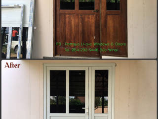 เปลี่ยนประตูไม้เก่า เป็นประตู Upvc คุณภาพสูง Dismantling old wooden doors to Upvc doors กระจกสีชาดำ Dark Grey Tinted Glass, โรงงาน พัทยา กระจก ยูพีวีซี Pattaya UPVC Windows & Doors โรงงาน พัทยา กระจก ยูพีวีซี Pattaya UPVC Windows & Doors