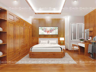 NHÀ ANH HẬU, Công ty TNHH Thiết Kế Xây Dựng Xanh Hoàng Long Công ty TNHH Thiết Kế Xây Dựng Xanh Hoàng Long Kamar Tidur Gaya Asia Kayu Wood effect Beds & headboards