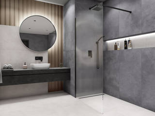 Dwa odcienie betonu w minimalistycznej łazience, Domni.pl - Portal & Sklep Domni.pl - Portal & Sklep Phòng tắm phong cách tối giản gốm sứ