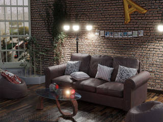 Design interni angolo muro mattoni e divano in cuoio, Alessandro Chessa Alessandro Chessa Salas de estilo industrial