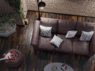 Design interni angolo muro mattoni e divano in cuoio, Alessandro Chessa Alessandro Chessa Salas de estar industriais