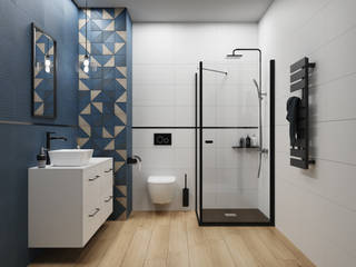 Nowoczesna łazienka z niebiesko-białymi ścianami i drewnopodobną podłogą, Domni.pl - Portal & Sklep Domni.pl - Portal & Sklep Baños de estilo moderno Cerámico