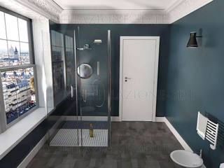 Stanza da bagno con grande vetrata e vista sulla città, Alessandro Chessa Alessandro Chessa Minimalist style bathroom