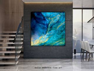 Original Large Alcohol Ink Art Fluid Painting Blue, Green, Gold colors, Abstract Art, Underwater Painting, modern art GLACIRI, Holly Anderson Fine Art Holly Anderson Fine Art 现代客厅設計點子、靈感 & 圖片