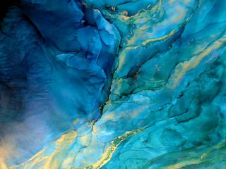 Original Large Alcohol Ink Art Fluid Painting Blue, Green, Gold colors, Abstract Art, Underwater Painting, modern art GLACIRI, Holly Anderson Fine Art Holly Anderson Fine Art Paredes e pisos modernos