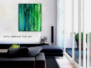 Alcohol Ink Art, Fluid Art, Blue, Green, Gold colors, Abstract Art, Large Fluid Original Alcohol Ink Waterfall Painting, modern FOREST FALLS, Holly Anderson Fine Art Holly Anderson Fine Art ห้องอื่นๆ