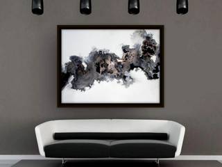 Modern Minimalist Luxury Fluid Marbled Wall art in Black, White, Brass and Silver mounted on Sleek Metal GLOSSY ! ENIGMA , original alcohol ink art painting by Holly Anderson , Holly Anderson Fine Art Holly Anderson Fine Art غرف اخرى ألمنيوم/ زنك