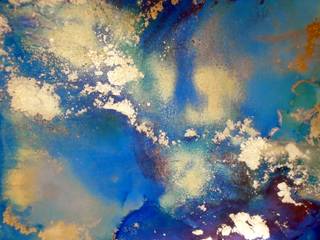 Large Fluid Abstract Alcohol Ink on Metal Clouds Painting , Skyscape in blues and golds Contemporary Modern Wall Art by Holly Anderson " HALOS ", Holly Anderson Fine Art Holly Anderson Fine Art غرف اخرى ألمنيوم/ زنك